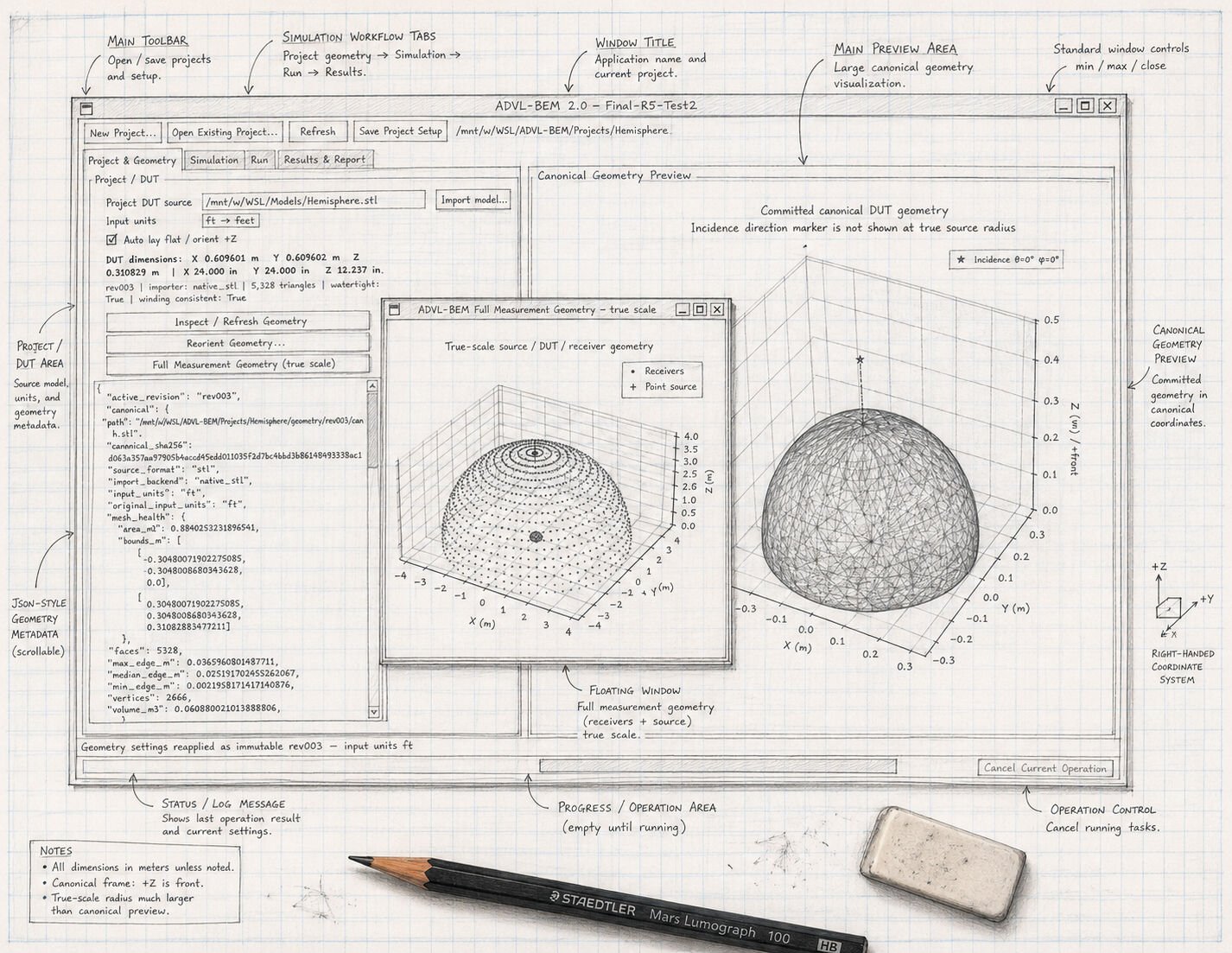 Hand-drawn ADVL-BEM application concept with simulation workflow, canonical geometry preview, and interface annotations