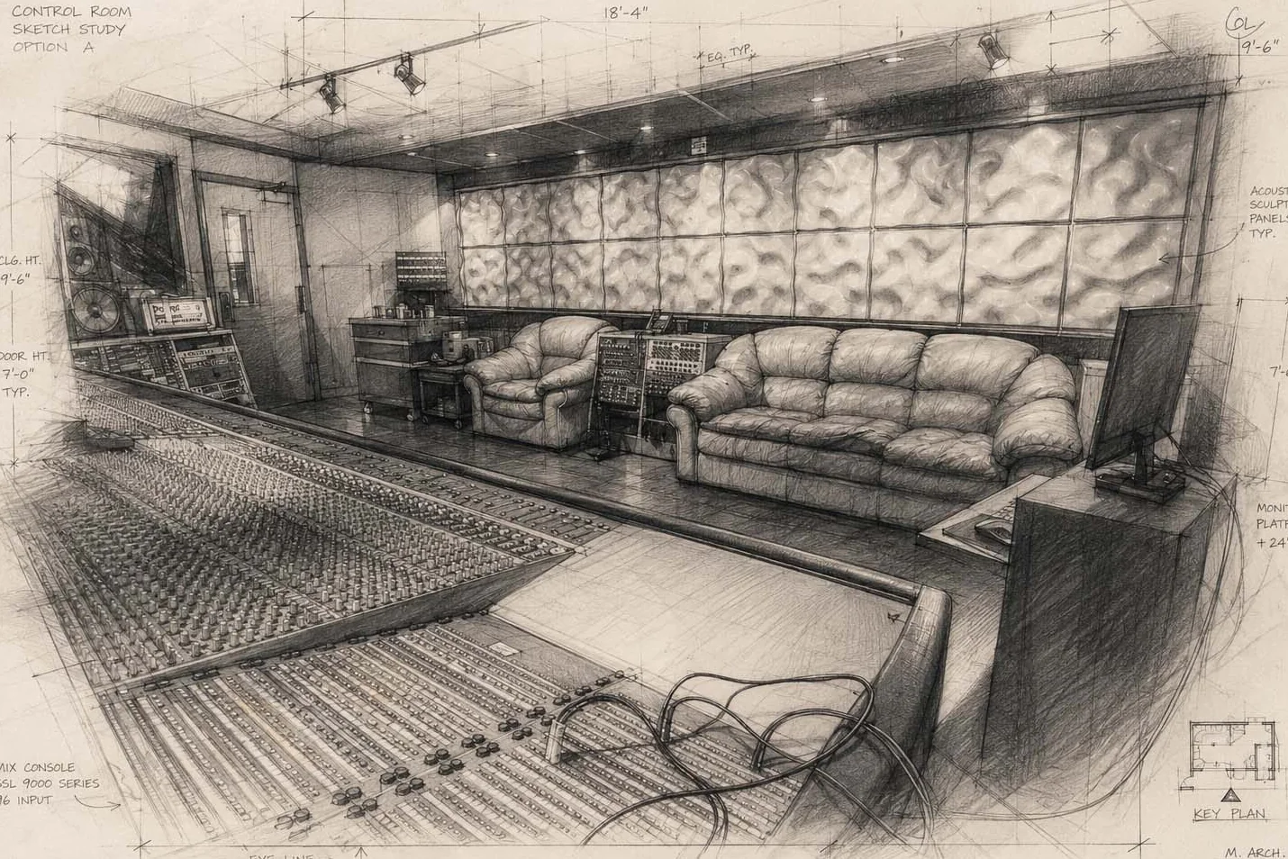 Hand-drawn control-room study with mixing console, monitors, acoustic panels, dimensions, and notes.