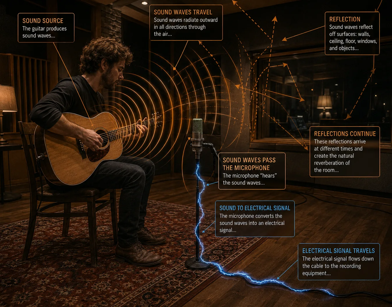 Sound-wave journey in the studio showing source, reflections, microphone capture, and signal path