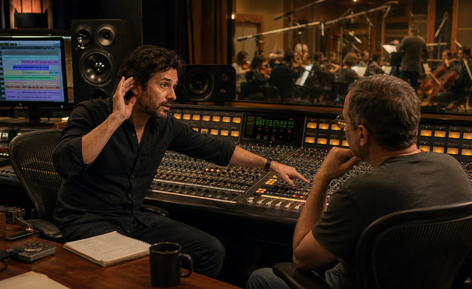 Audio engineers discussing a recording mix in a studio control room