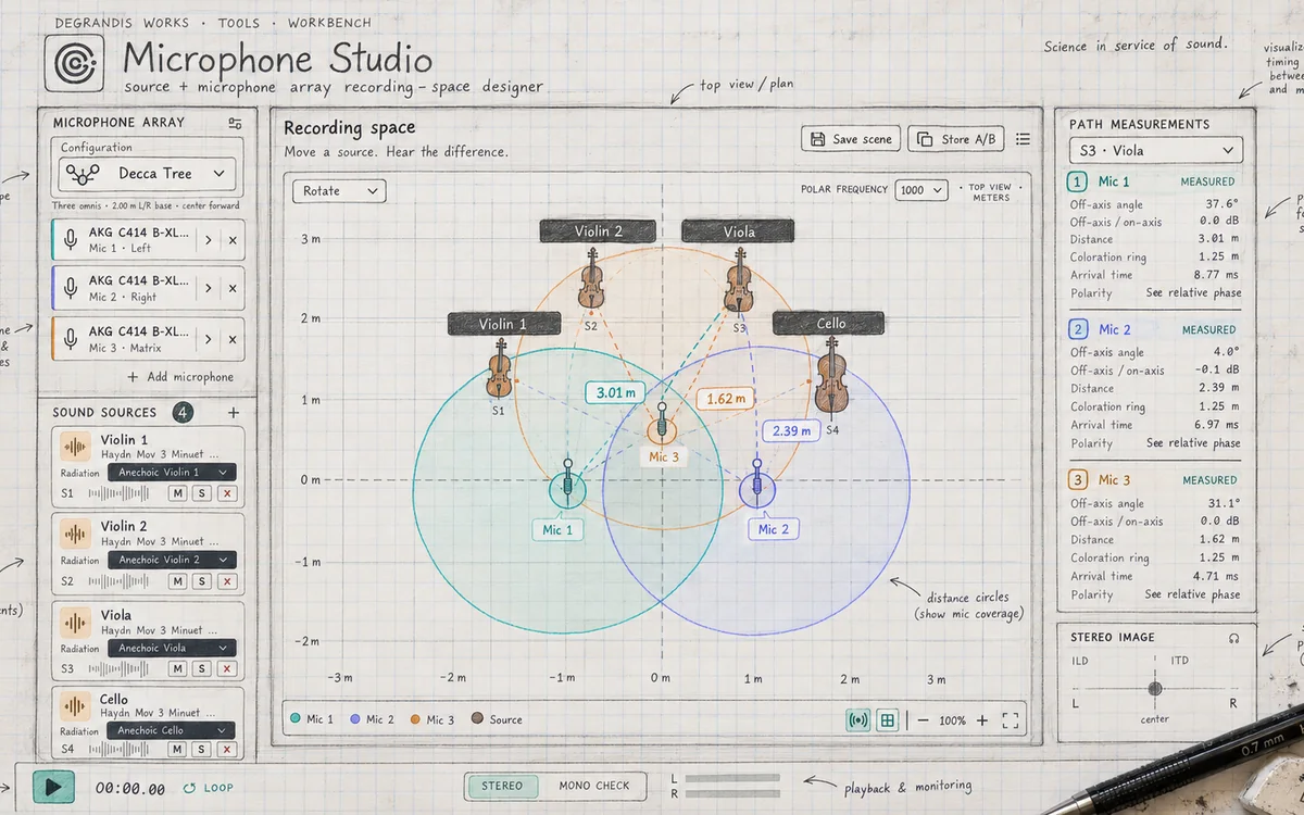 Microphone Studio recording-space designer showing a microphone array, musical sources, path measurements, and stereo geometry
