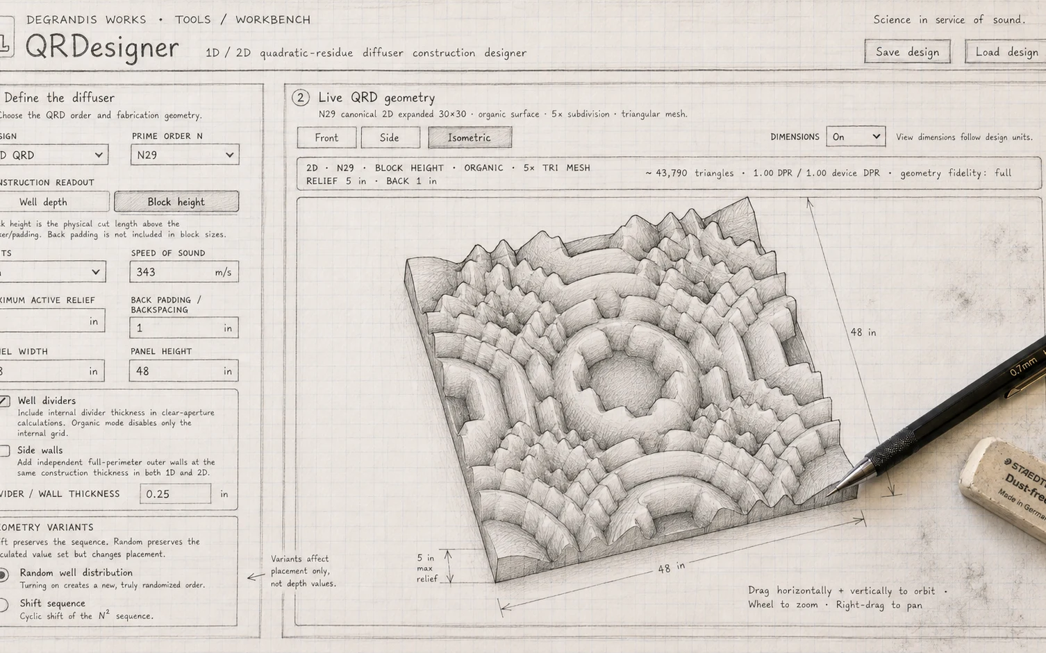 QRDesigner blueprint-style interface showing 1D and 2D quadratic-residue diffuser construction controls with live three-dimensional geometry